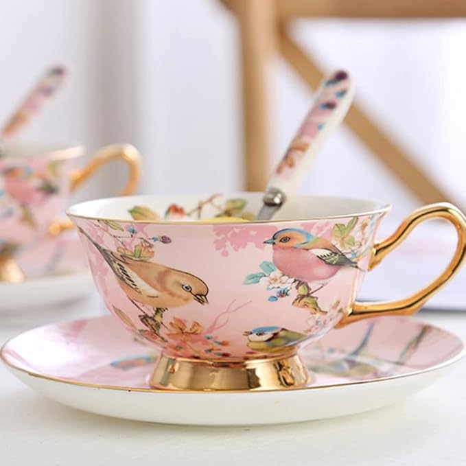 Pink Bird Porcelain Tea Cup Set with Saucer and Spoon - 7oz, Cappuccino and Latte Cups, Mother's Day Gift