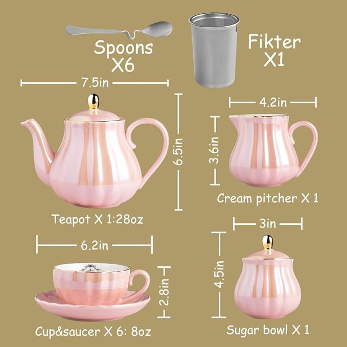 Sweejar Porcelain Tea Sets British Royal Series, 8 OZ Cups& Saucer Service for 6, with Teapot Sugar Bowl Cream Pitcher Teaspoons and tea strainer for Tea/Coffee (Coral White)