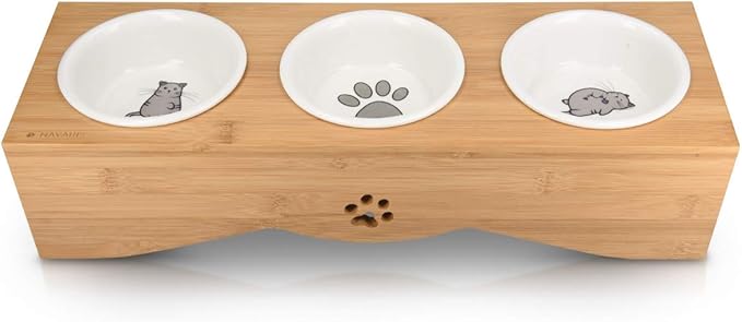 Navaris Cat Bowls with Stand - Elevated Triple Feeder for Cats - Ceramic Pet Bowl Dishes 3-Pcs Set with Printed Designs and Raised Bamboo Wood Holder