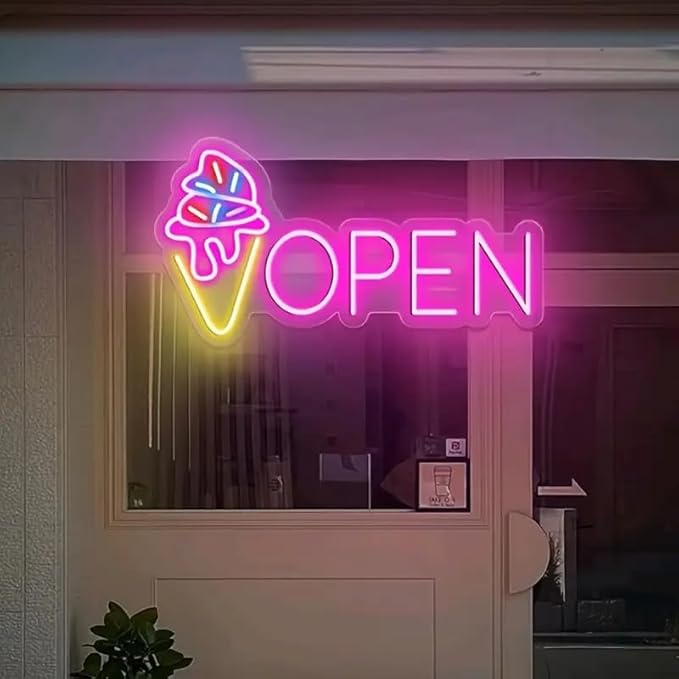 LED Neon Open Sign with Ice Cream Cone Design, USB Powered, Wall Hanging Plastic Neon Light, Switch Controlled, Multipurpose Room Decor, Business Signage for Ice Cream Trucks and Shops