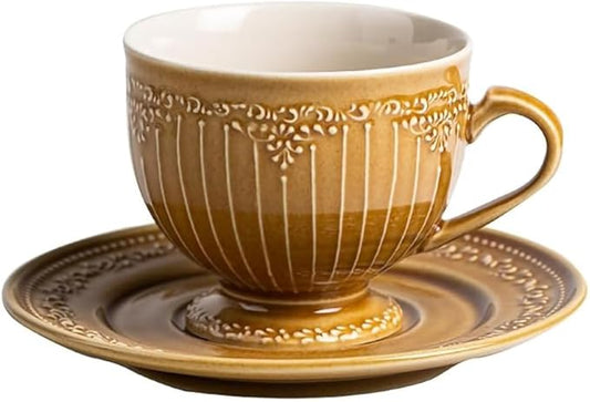 WAIT FLY Vintage Embossed Ceramic Coffee Mug with Saucer Set, Espresso Cup, Tea Cup, Breakfast Cup and Dessert Plate-Caramel-8 OZ