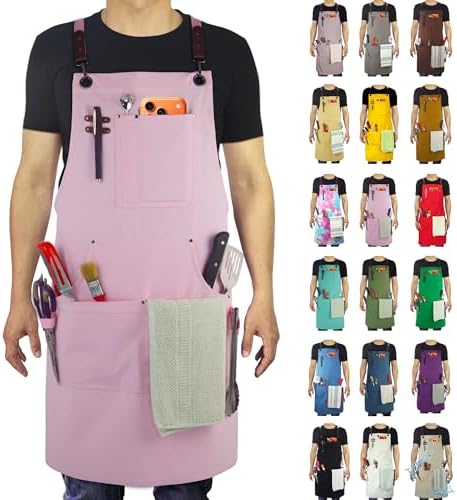 Kitchen, Work Apron, Canvas Apron, Pink | Multiple Pockets, Gardening, Painting, BBQ, Artist, Carpenter, Sizes M to XXL by Stenffy