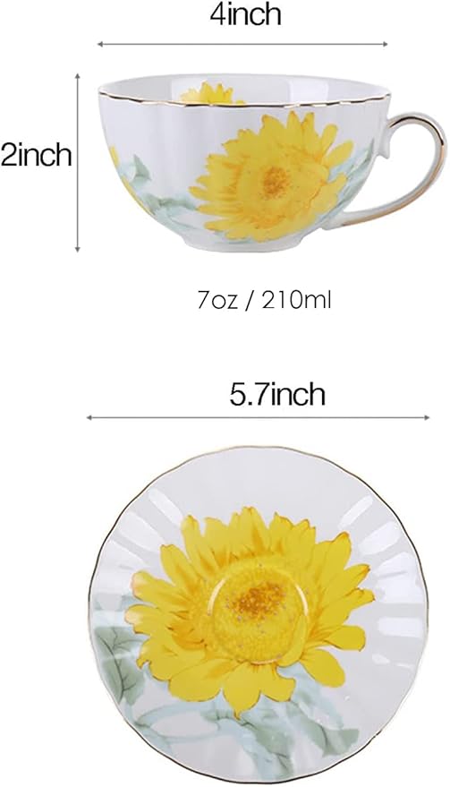 Ceramic Teacup Sunflower Vintage Chintz Porcelain Coffee Mug Tea Cup with Saucer,Set of 4