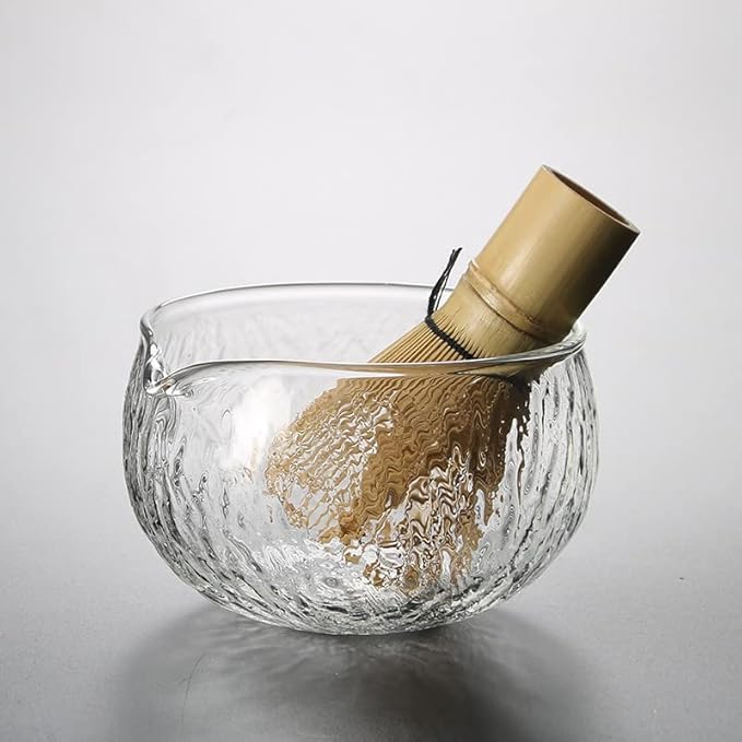 Handmade Japanese Style Matcha Green Tea Ceremony Bowl, Textured Glass, 13.5 oz, With Pouring Spout (Glass)
