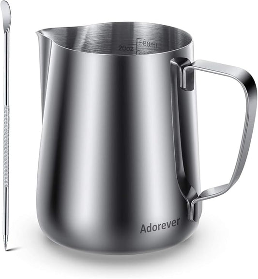 Milk Frothing Pitcher, Thicker Version 600ml 20oz Steaming Pitchers Stainless Steel Milk Coffee Cappuccino Latte Art Barista Steam Pitchers Milk Jug Cup with Decorating Pen