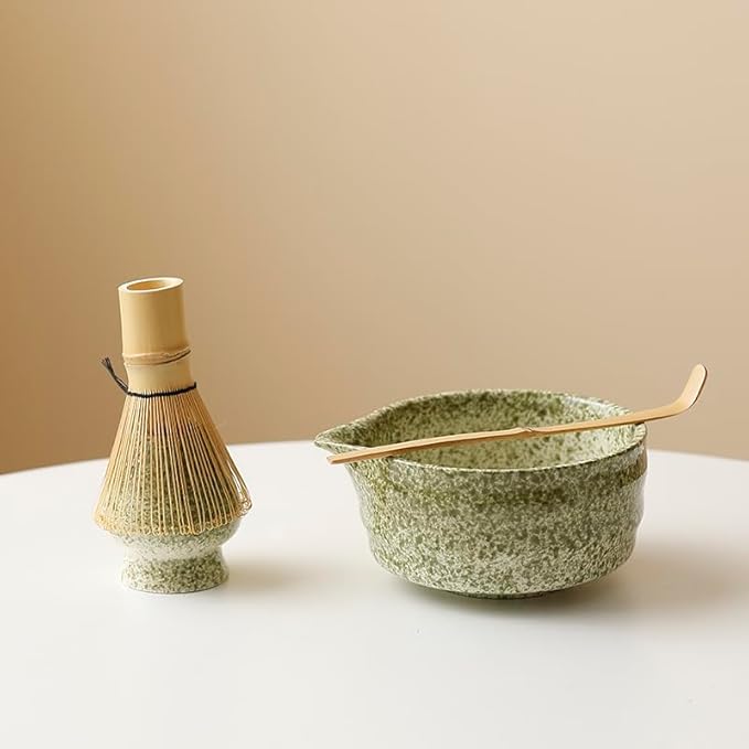 Matcha Tea Set with Matcha Green Ceramic Bowl, Fine Mesh Strainer and Bamboo Scoop, Japanese Style Matcha Accessories for Home Tea Ceremony.