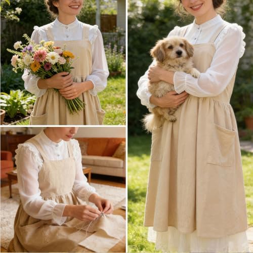 Uaussi Cotton Linen Apron Cross Back Work Apron for Women with Pockets Pinafore Dress X Cross Halter Apron for Chef Gardening - Image 3