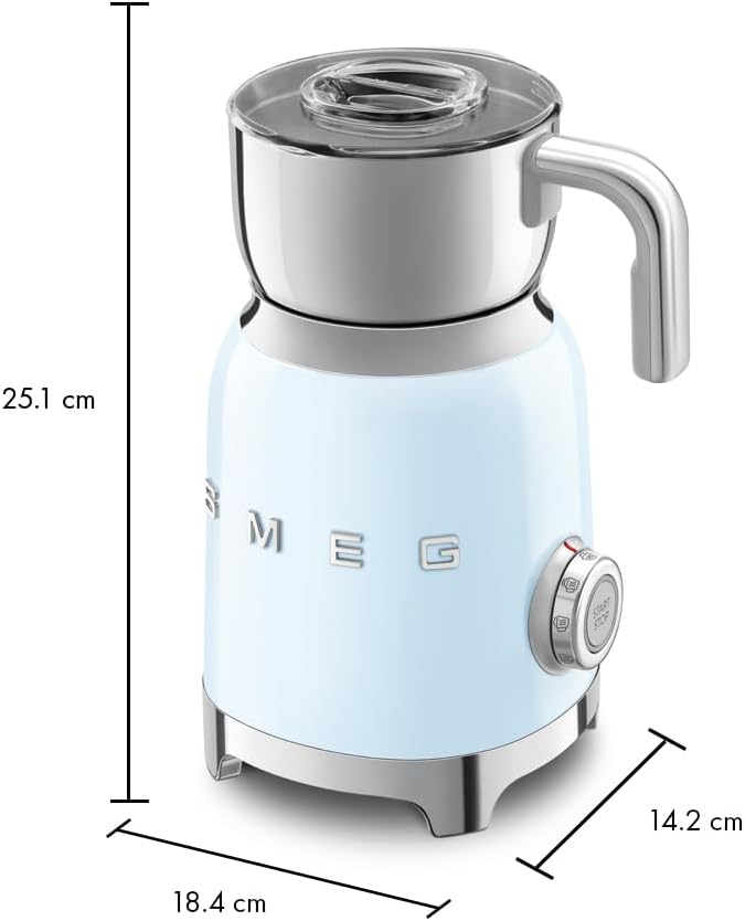 SMEG Retro 50's Style Milk Frother with 2 Disks 6 Preset Programs Hot or Cold Frothing and Induction Heating (Pastel Blue)