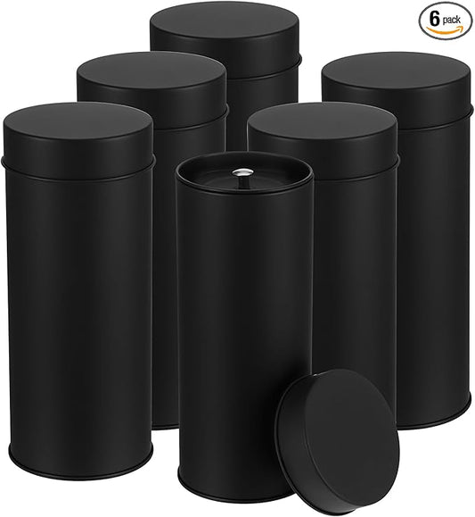 6 Pack Tea Tin Canister with Airtight Double Lids, 21 Fl Oz Tin Can Box and Large Round Kitchen Canisters for Loose Tea, Coffee, Candy and Spices(Black)