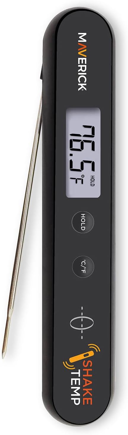Maverick Shake Temp™ Instant Read Thermometer, Kinetic Energy Powered (No Batteries), Fast 2mm Step-Down Probe, Water-Resistant, Large LCD & Hold Function, for Grilling, Camping & Kitchen Use