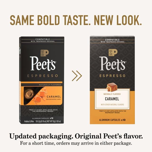 Peet's Coffee, Medium Roast Espresso Capsules, Compatible with Nespresso Original Machine - Caramel, 50 Count (5 Boxes of 10 Espresso Capsules)