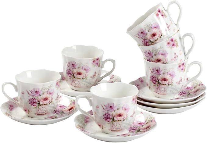 GuangYang 2.5 oz Porcelain Espresso Cups and Saucers Set – Floral Design, Purple Pattern – Gift-Ready, Elegant Mini Coffee Set of 6 for Home or Gifting