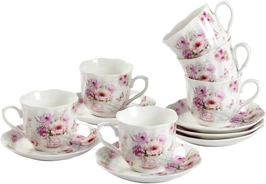 GuangYang 2.5 oz Porcelain Espresso Cups and Saucers Set – Floral Design, Purple Pattern – Gift-Ready, Elegant Mini Coffee Set of 6 for Home or Gifting