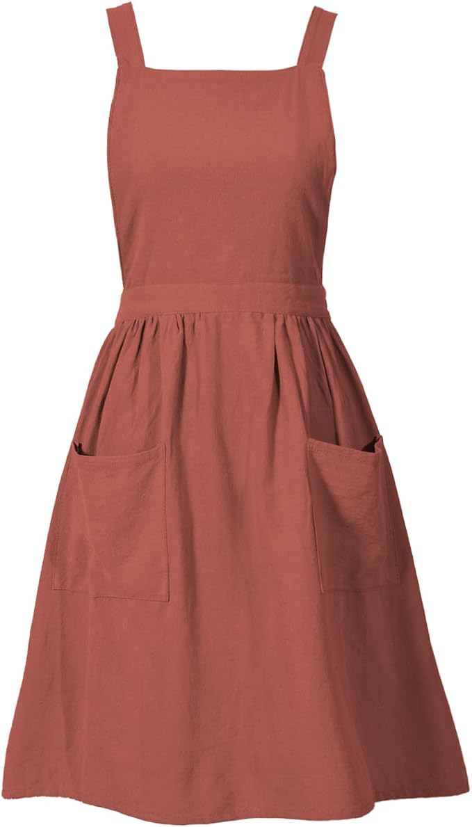 Pinknoke Cute Cotton Pinafore Aprons for Women with Pockets for Kitchen | Vintage Apron Dress,Adjustable Cross Back,2 Pockets,Long Straps,for Cooking Backing Gardening Painting Cleaning Gift Giving by Pinknoke