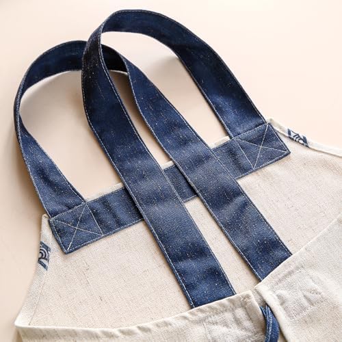 patdrea Blue Floral Linen Apron with Pocket,French Kitchen Garden Chef BBQ Aprons for Women and Men,Crisscross Back Straps - Image 7