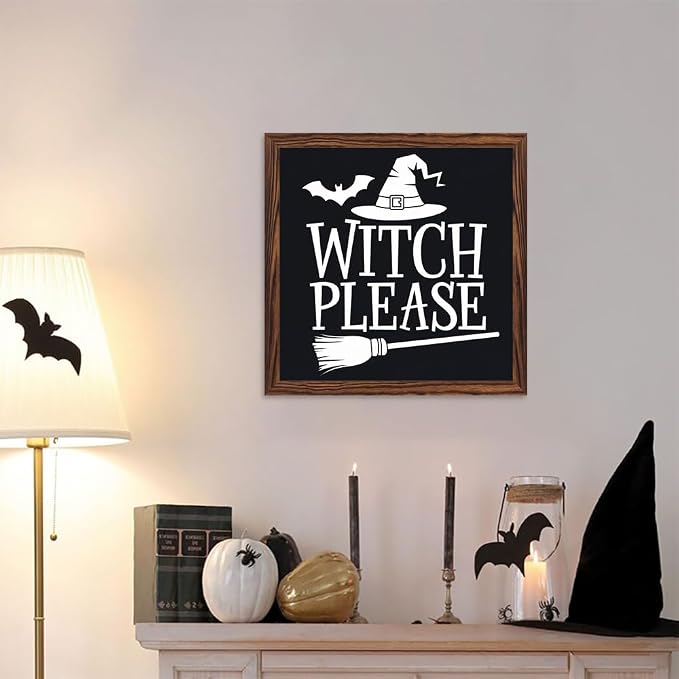 Vintage Witch Please Wooden Sign, With Frame Witch Broom, Bats Elements Decorative Sign for Bedroom, Kitchen, Cafe, Bar Wall Decor, Halloween Decor 7.87x7.87 Inch - Image 5