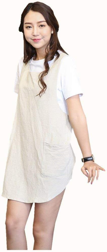 Shortened Design Apron, Japanese Style Soft Cotton Linen Apron with Two Side Pockets, X Cross Halter Aprons, Kitchen Cooking Clothes Gift for Women DIY Project, Crafting, Cooking, Baking(Beige) - Image 2