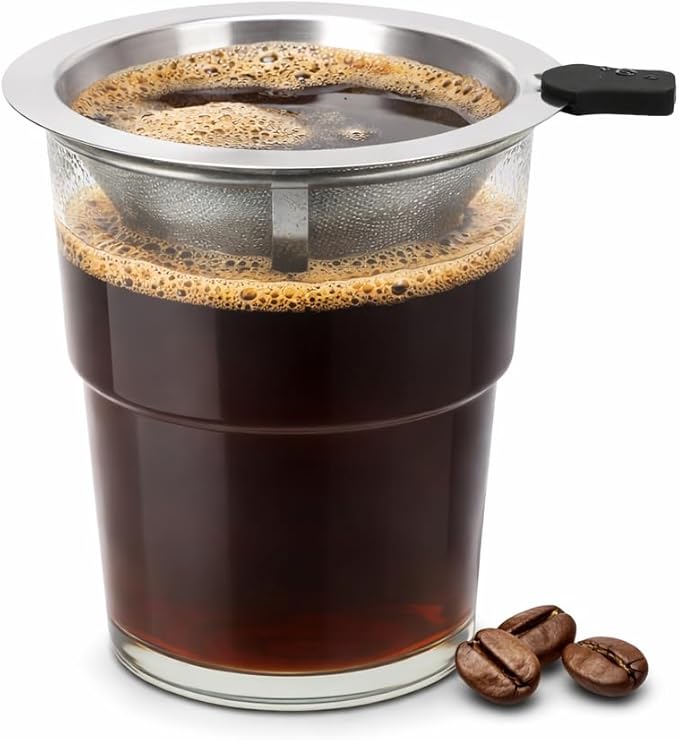 Single Serve Immersion Coffee Maker, Glass Pour Over Coffee Dripper with Reusable Stainless Steel Filter, Manual Coffee Brewer Cup for Home Office Travel-TMF
