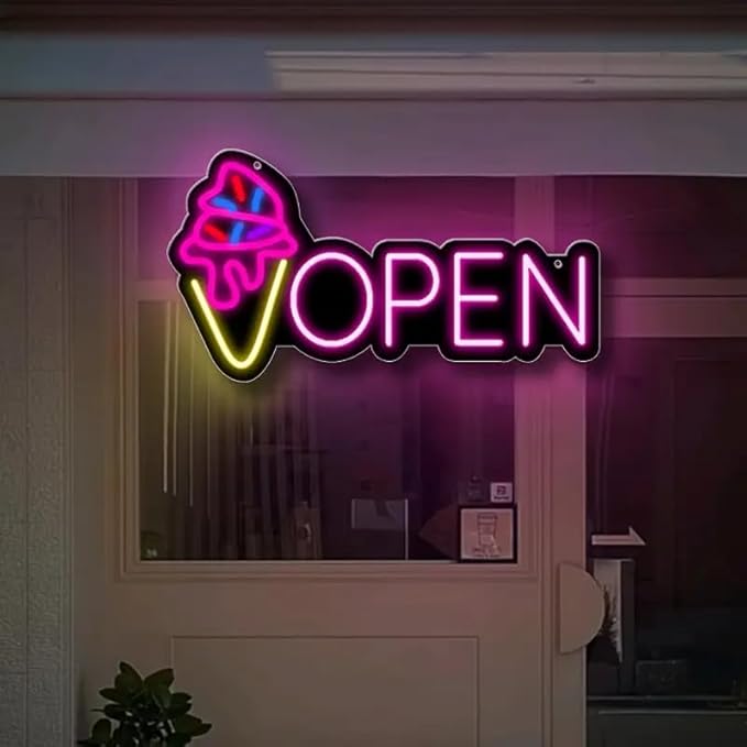 LED Neon Open Sign with Ice Cream Cone Design, USB Powered, Wall Hanging Plastic Neon Light, Switch Controlled, Multipurpose Room Decor, Business Signage for Ice Cream Trucks and Shops