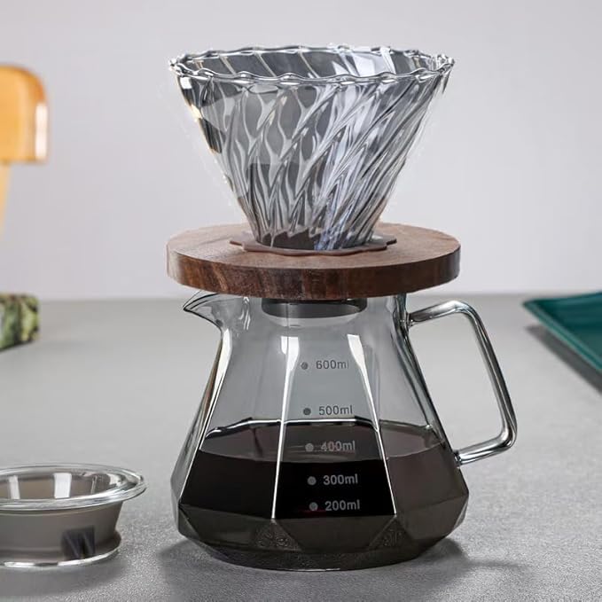 BeeCa Pour Over Coffee Maker Set, Smoked Glass 20oz/600ml All-in-One Dripper, Borosilicate Carafe with Handle & Lid, Includes 50 pcs paper filters (Size 02), for Home Café Restaurant and Camping