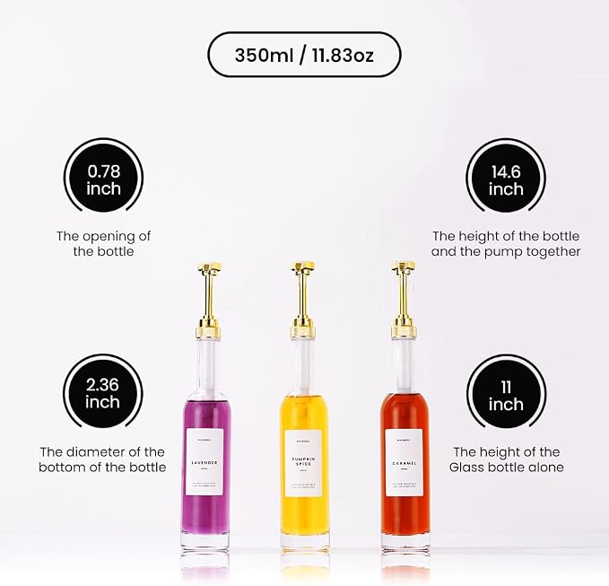 MoliMoli Coffee Syrup Dispenser for Coffee Bar, 350mlCoffee Pump Dispenser, Glass Syrup Bottle w. Pumps, Simple Syrup Dispenser w. Labels,Set of 2, (Gold) - Image 4