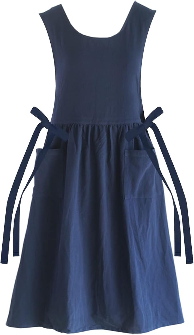 Premium Plus Size Apron with Pockets Adjustable Waistline Bib Apron,Soft Cotton Blend Apron Pinafore Dress for Baking Cooking Gardening(XL,Navy Blue) by KKTOCHVC