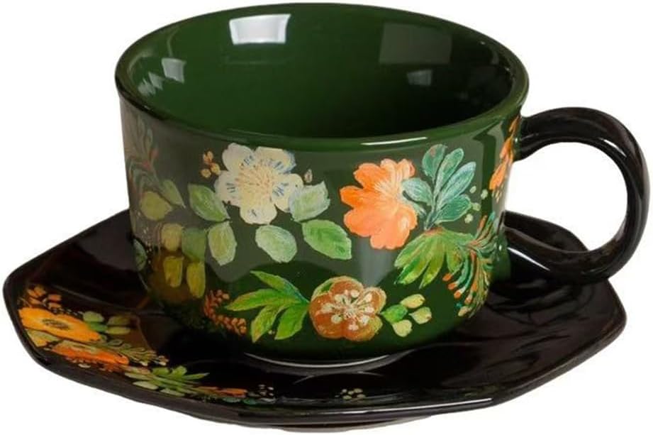 Green Floral Coffee Cup and Saucer Set, 9.5 oz (280ml) Ceramic Tea Cup with Saucer, Glossy Finish Botanical Mug for Espresso, Cappuccino, Latte, Home Kitchen, Office Gift