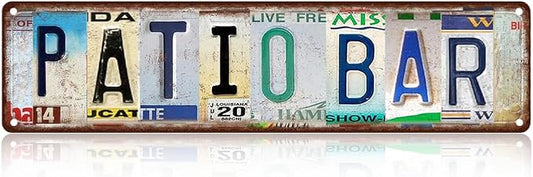 Vintage License Plate PATIO BAR Sign – 16x4 Inch Rustic Tin Wall Décor for Outdoor Patio, Backyard Bar, BBQ Area, Garden Bar or Poolside by SARAHEVE