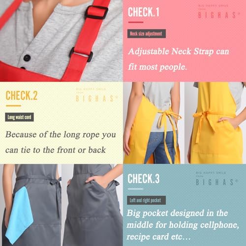BIGHAS Adjustable Bib Apron with Long Ties for Women Men 18 Colors Chef Kitchen Cooking - Image 4