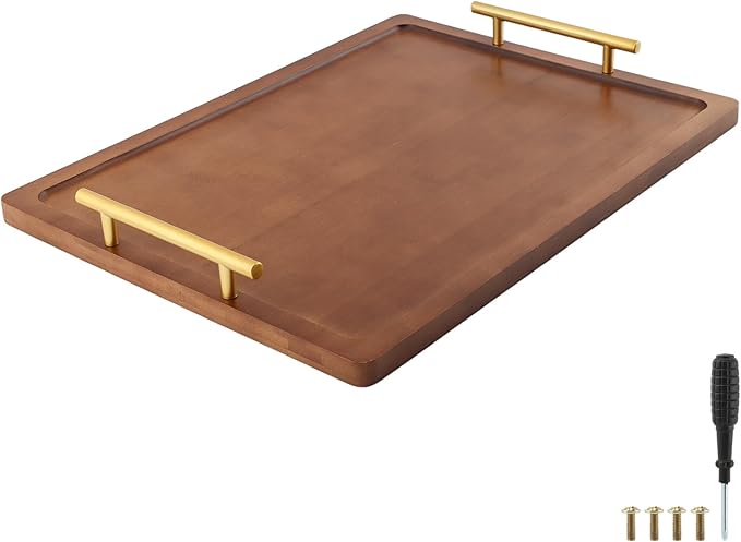 Bamboo Serving Tray with Metal Handles(15.75x11.81inch) | Home Decorative Rectangle Ottoman Platter Bathroom Vanity Tray for All Occasions, Including Installation Tools