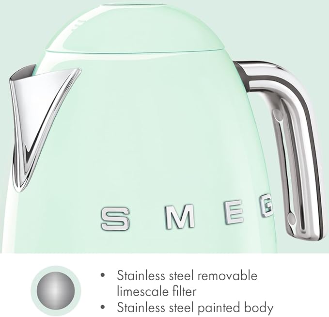 SMEG 7-Cup Variable Temperature Electric Kettle - Retro Style Aesthetic with Advanced Technology - Stainless Steel, 1400W, 120V, 360° Swivel Base, Keep Warm Function (Pastel Green)