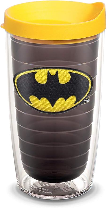 Tervis DC Comics Batman Emblem Made in USA Double Walled Insulated Tumbler Travel Cup Keeps Drinks Cold & Hot, 16oz, Quartz - Yellow Lid