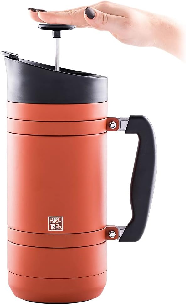 BruTrek® by Planetary Design BaseCamp Coffee Press - Double Wall Insulated Stainless Steel - Bru-Stop Technology, No Grounds in Coffee, No Spill Lid (Red Rock, 48 fl.oz)