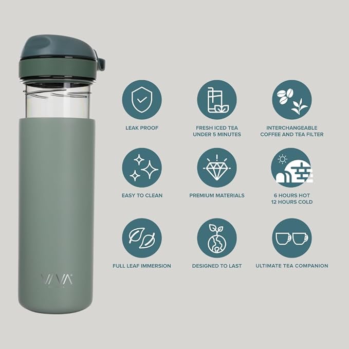 VIVA Recharge Mint Insulated Tea & Coffee Mug & Travel French Press Coffee Maker, 16 oz, Brew & Drink From the Same Coffee Mug On the Go or Camping