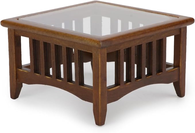 Dollhouse Coffee Table Miniature Furniture 1:12 Scale Wooden Tea Table Square Shape Side Tables Acrylic Tabletop Props Miniature End Table Living Room Pocket Desk Doll House Decoration Props (Brown)
