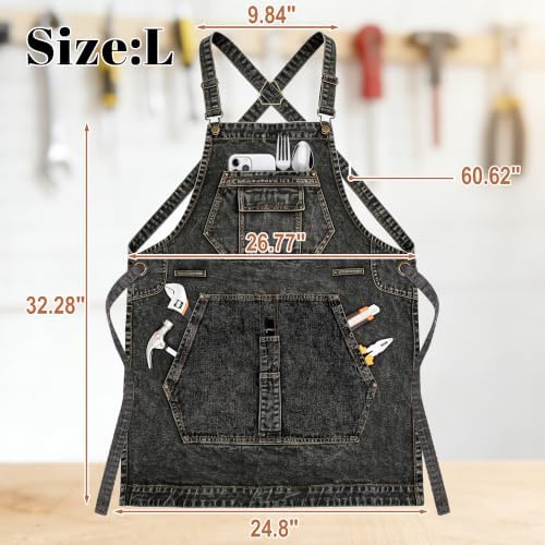 Denim Apron, Waist Apron with Pockets and Adjustable Long Ties - Image 5