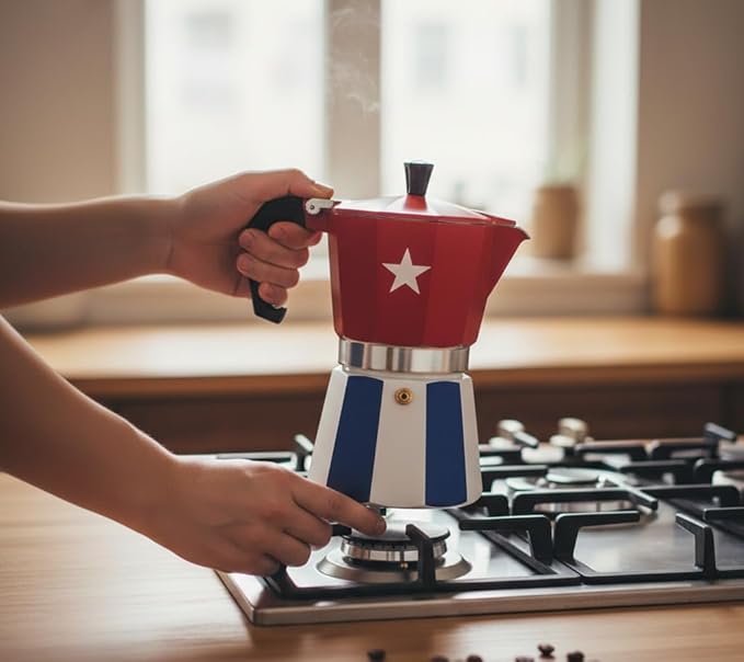 PRK 14 Cuban Coffee Greca Pot Aluminum Moka Pot with Cuba Flag Design | Traditional Stovetop Espresso Maker for Authentic Cafe Cubano 6 cups