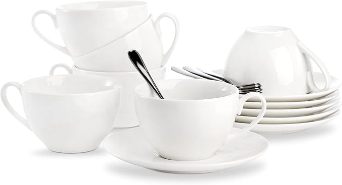 Foraineam Espresso Cups with Saucers and Spoons, 6 oz White Tea Cup Set, Porcelain Coffee Cup and Saucer Set with Stainless Steel Spoon for Specialty Coffee Drinks, Latte, Cafe Mocha and Tea, Set of 6