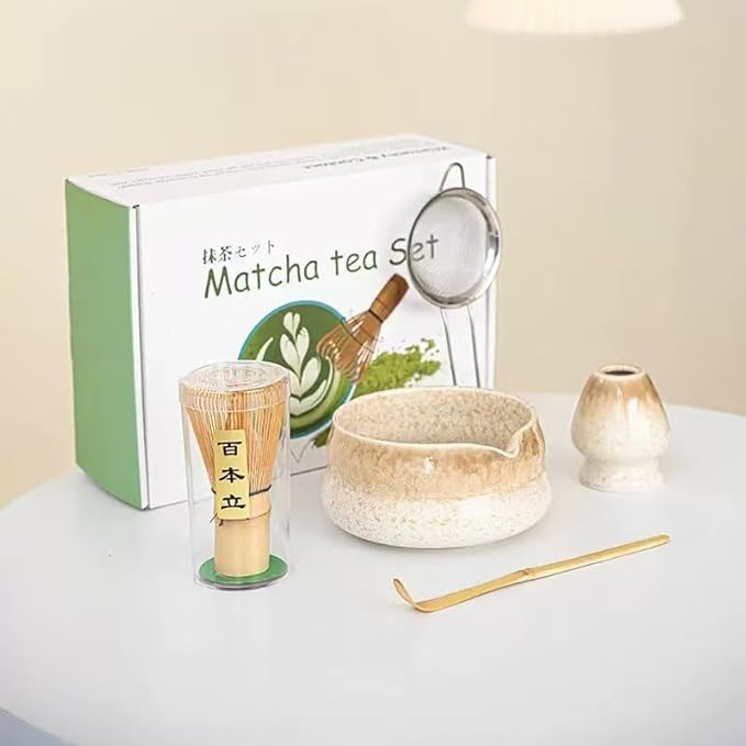 Premium Matcha Tea Set - 5 Pcs with Kiln-Transformation Glaze Ceramic Bowl, Prong Bamboo Whisk, Scoop, Sifter & Holder | Authentic Japanese-Style Tools (brown)