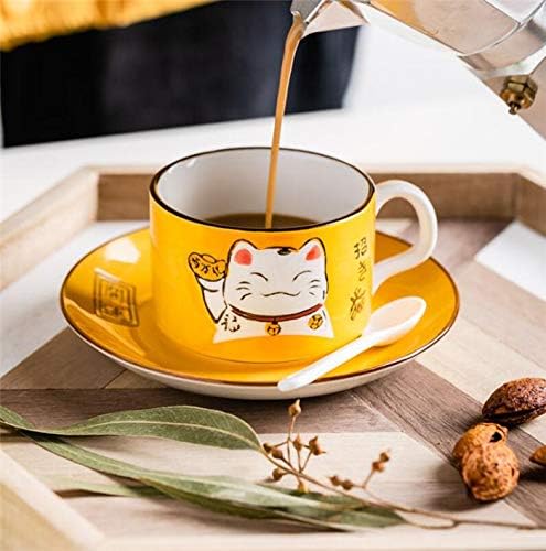 EatingBiting 5 Colors Handcraft Lucky Cat Maneki Neko Ceramic Tea Cups Mugs Dish Spoon 3PCs (orange)