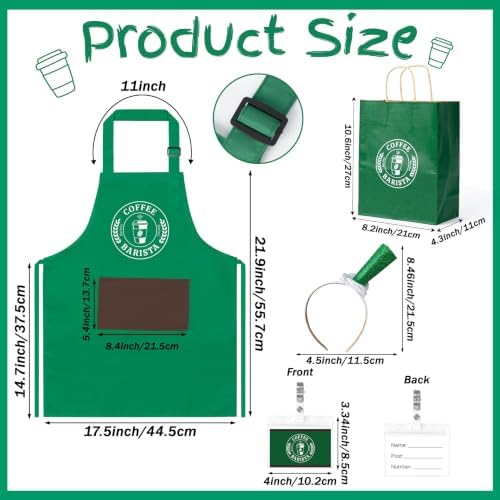 Halloween Coffee Costume Set - Barista Uniforms, 4Pcs | Adjustable, Waterproof Green Aprons, Name Tag, Hairband, Bags, Coffee Maker Outfit for Role Play, Halloween Party Dress Up - Image 2