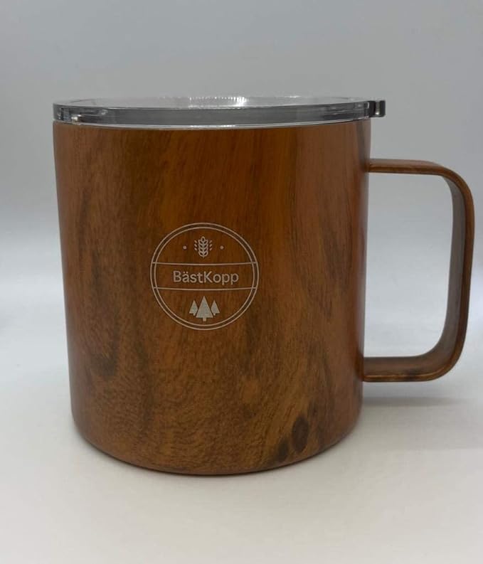 14 OZ Vacuum Insulated Double Wall 18/8 Stainless Steel Coffee Cup Tumbler, Mug, Beautiful Wood Design, With Durable Lid