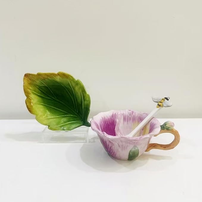 Ceramic Pansy Coffee Cup and Saucer Set with Spoon，6OZ 3D Hand-Painted Flower Tea Mug，Gift for Women (Lilac)