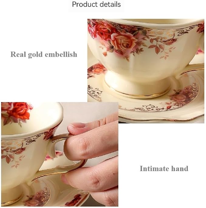 8 oz Vintage flower Ceramic cup and 6" saucer set with Brand customized stainless steel spoon Gifts for Afternoon Tea Coffee Hour (B)