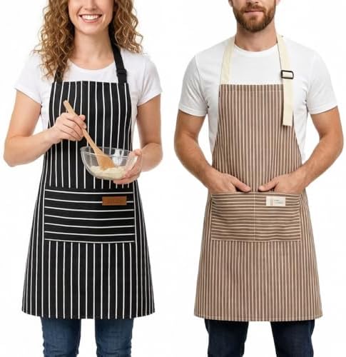 Chef Apron Bib Apron with 2 Large Pockets Adjustable Neck Strap Kitchen Apron Cooking Apron Stripes Baking Apron - Image 7