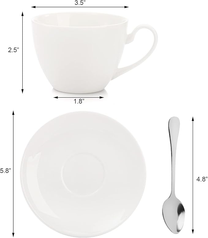Foraineam Espresso Cups with Saucers and Spoons, 6 oz White Tea Cup Set, Porcelain Coffee Cup and Saucer Set with Stainless Steel Spoon for Specialty Coffee Drinks, Latte, Cafe Mocha and Tea, Set of 6
