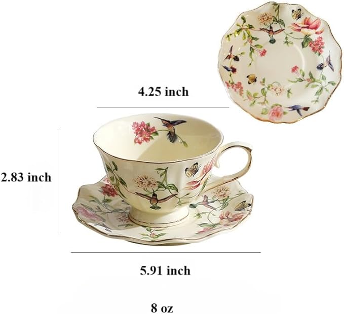 8 oz Vintage flower Ceramic cup and 6" saucer set with Brand customized stainless steel spoon Gifts for Afternoon Tea Coffee Hour (G)