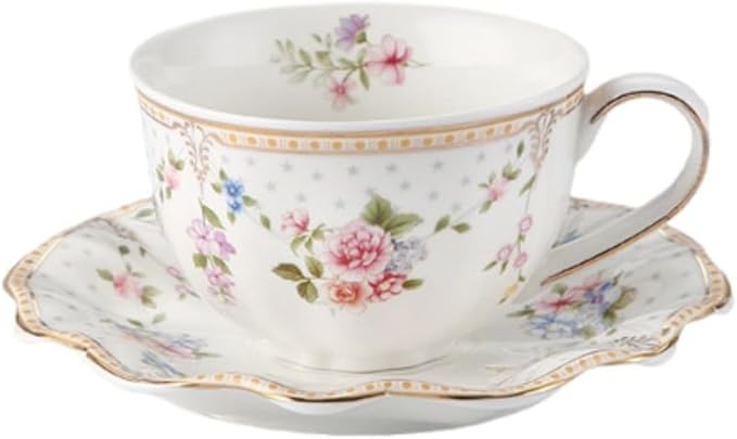 6 oz Vintage flower Ceramic cup and 6" saucer set with Brand customized stainless steel spoon Gifts for Afternoon Tea Coffee Hour(C)