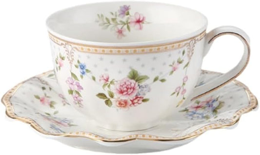 6 oz Vintage flower Ceramic cup and 6" saucer set with Brand customized stainless steel spoon Gifts for Afternoon Tea Coffee Hour(C)