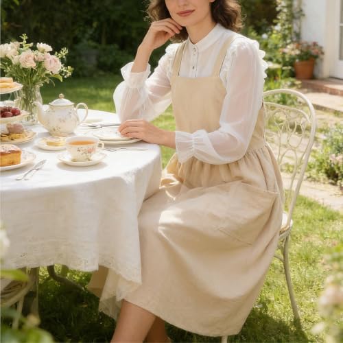 Uaussi Cotton Linen Apron Cross Back Work Apron for Women with Pockets Pinafore Dress X Cross Halter Apron for Chef Gardening - Image 4
